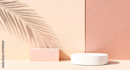 Wallpaper Mural two display platforms with palm leaf shadow against a pastel wall Torontodigital.ca