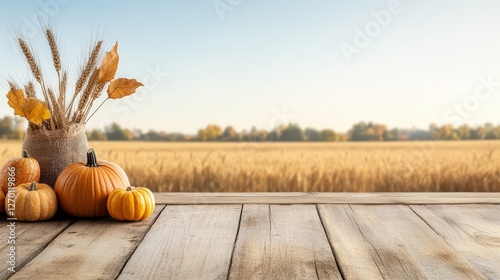 Autumn harvest festival background with golden wheat fields, pumpkins, and rustic farmhouse decor