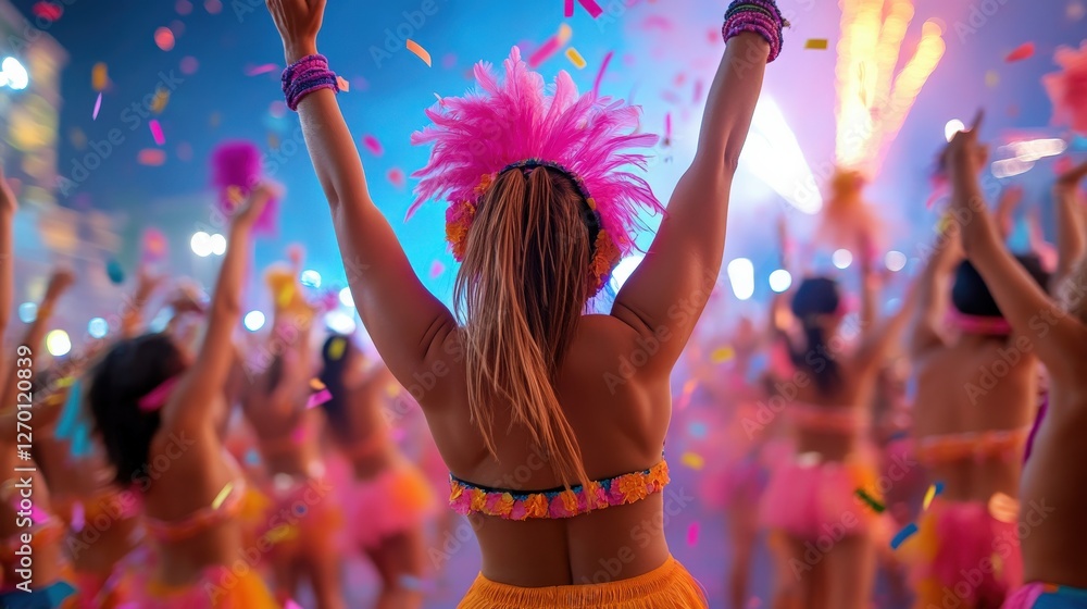 Obraz premium Carnival parade background with vibrant dancers, feathered costumes, and lively confetti explosion