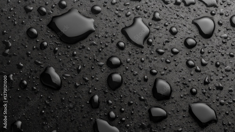 Tiny water droplets rest on a glossy black surface, creating an artistic interplay of light and shadow. Each droplet reflects the surrounding ambiance, evoking a sense of tranquility Tiny water droplets rest on a glossy black surface, creating an artistic interplay of light and shadow. Each droplet reflects the surrounding ambiance, evoking a sense of tranquility