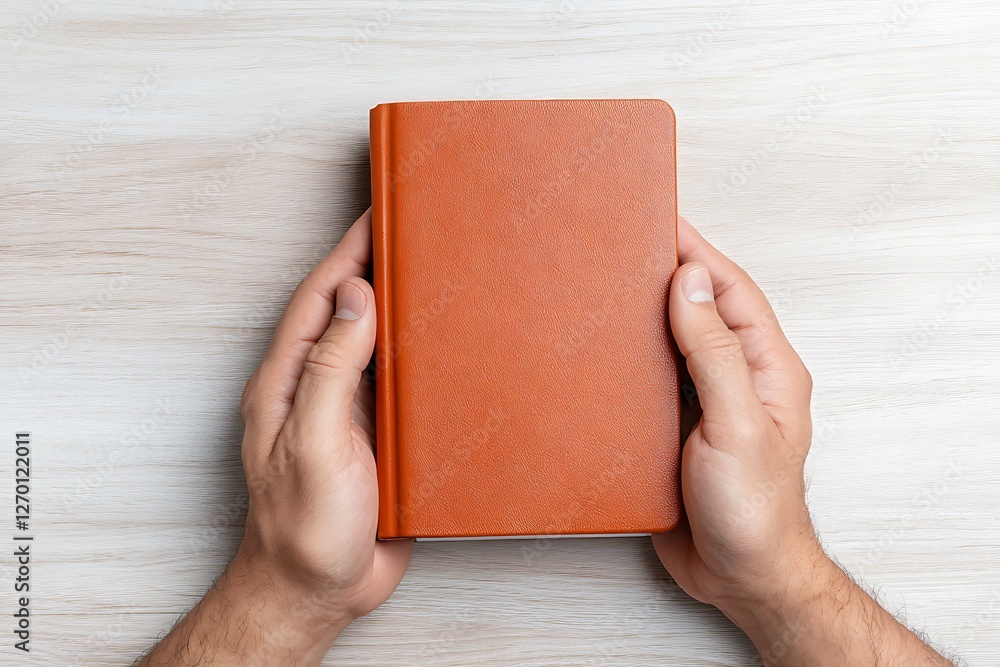Obraz premium Captivating book display hands holding leather journal on light wooden table