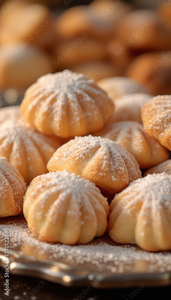 Delicious freshly baked maamoul with powdered sugar garnish and golden crust on display Delicious freshly baked maamoul with powdered sugar garnish and golden crust on display