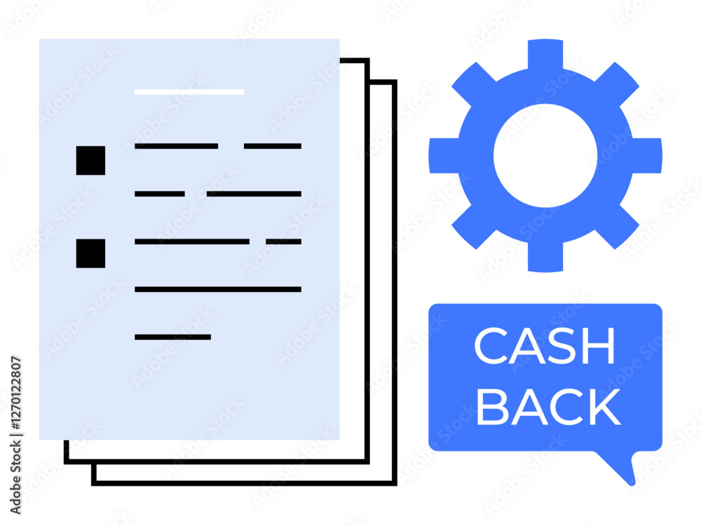 Documents stacked, blue gear indicating process, cashback speech bubble highlighting savings. Ideal for finance, business, workflow, efficiency, rewards savings financial services. Modern design Documents stacked, blue gear indicating process, cashback speech bubble highlighting savings. Ideal for finance, business, workflow, efficiency, rewards savings financial services. Modern design