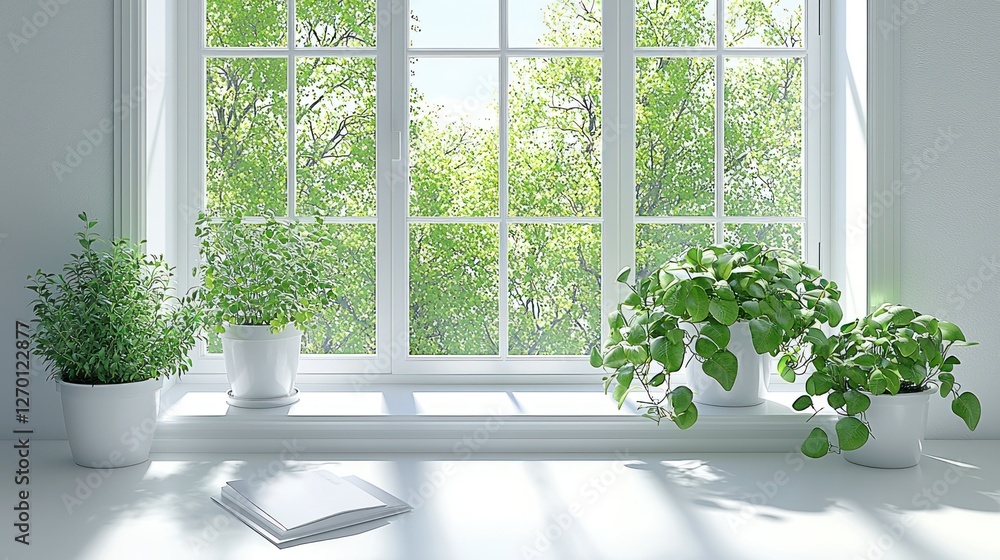 Fototapeta premium Sunny windowsill, potted herbs, book, spring foliage