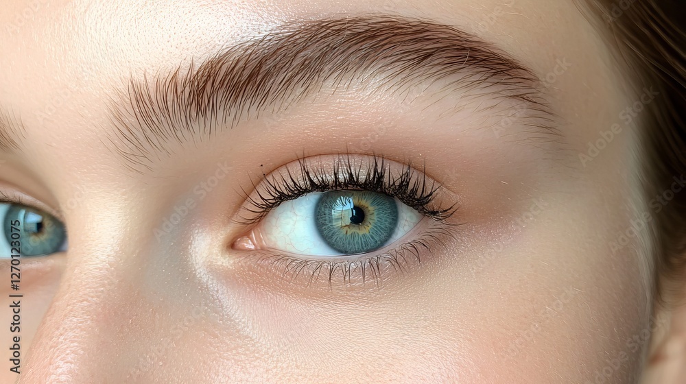 Obraz premium Close-up of a woman’s blue eyes with subtle makeup 