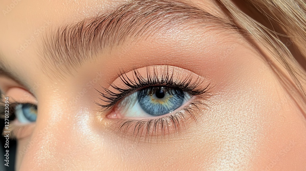 Obraz premium Close-up of a woman’s blue eyes with subtle makeup 