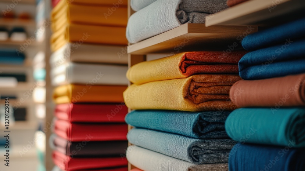 Colorful Stacks of Fabric in a Retail Display for Textile or Sewing Enthusiasts Colorful Stacks of Fabric in a Retail Display for Textile or Sewing Enthusiasts
