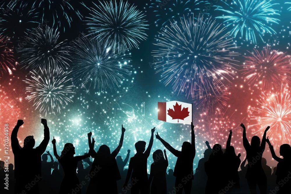 Silhouettes of People Celebrating with Fireworks and a Canadian Flag in the Background Silhouettes of People Celebrating with Fireworks and a Canadian Flag in the Background