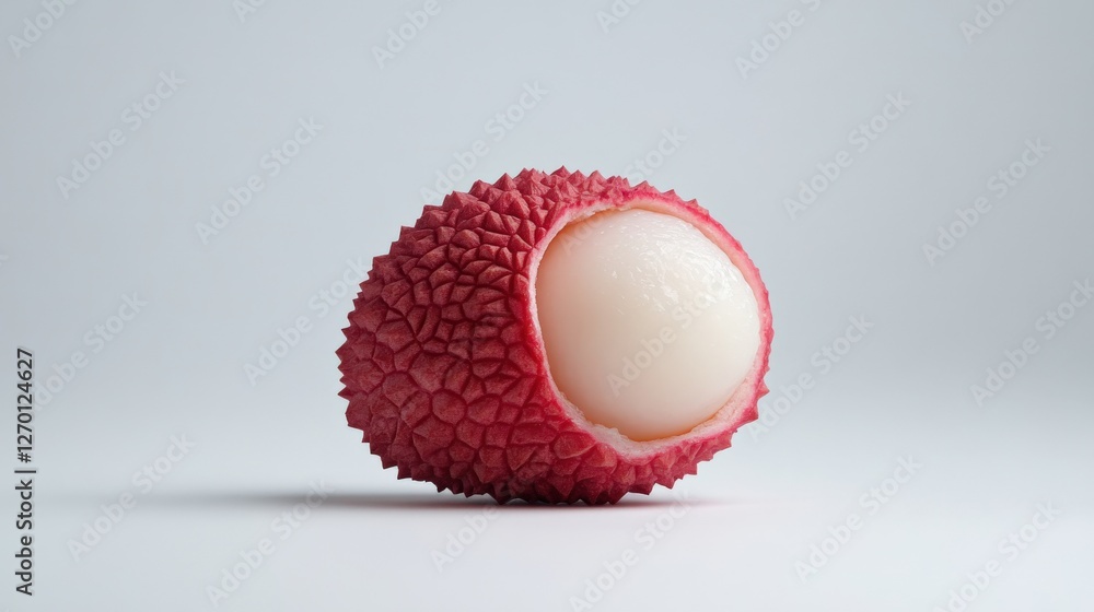 Obraz premium Fresh lychee with bumpy red skin, whole and peeled showing translucent flesh, isolated on white background