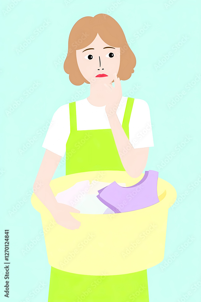 pensive woman in a green apron contemplates laundry in a pastel-colored basket. pensive woman in a green apron contemplates laundry in a pastel-colored basket.