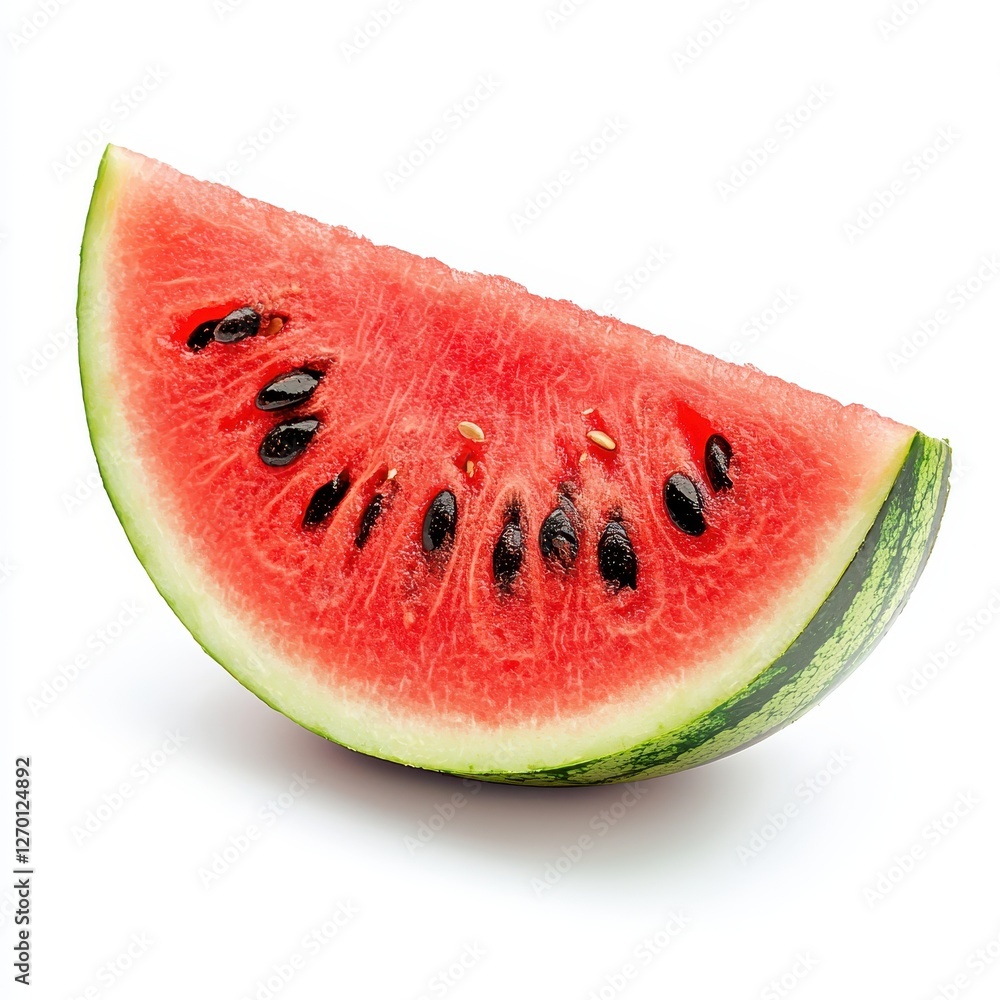 A fresh watermelon slice with bright red flesh and black seeds, isolated on a white background, crisp texture, and soft shadows. A fresh watermelon slice with bright red flesh and black seeds, isolated on a white background, crisp texture, and soft shadows.