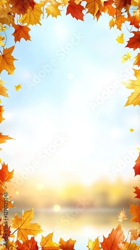 Autumn leaves frame, bright sky, blurred landscape background, for seasonal design photo