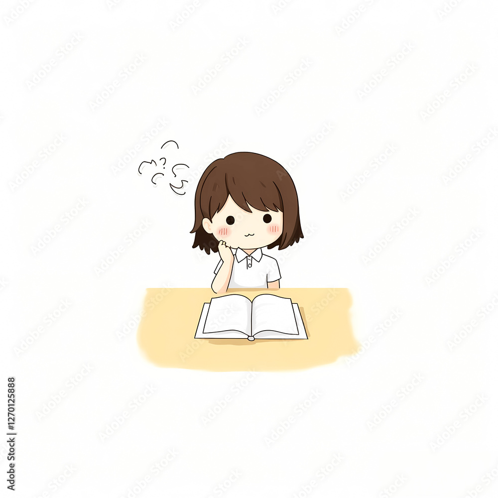 young girl with brown hair thoughtfully reading a book at a desk young girl with brown hair thoughtfully reading a book at a desk
