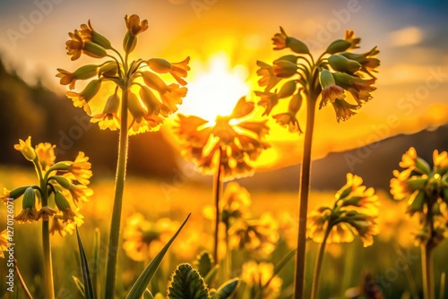 Silhouetted Namakwa Cape Cowslips and wild hyacinths paint a stunning Swiss sunset scene in St. Gallen. photo