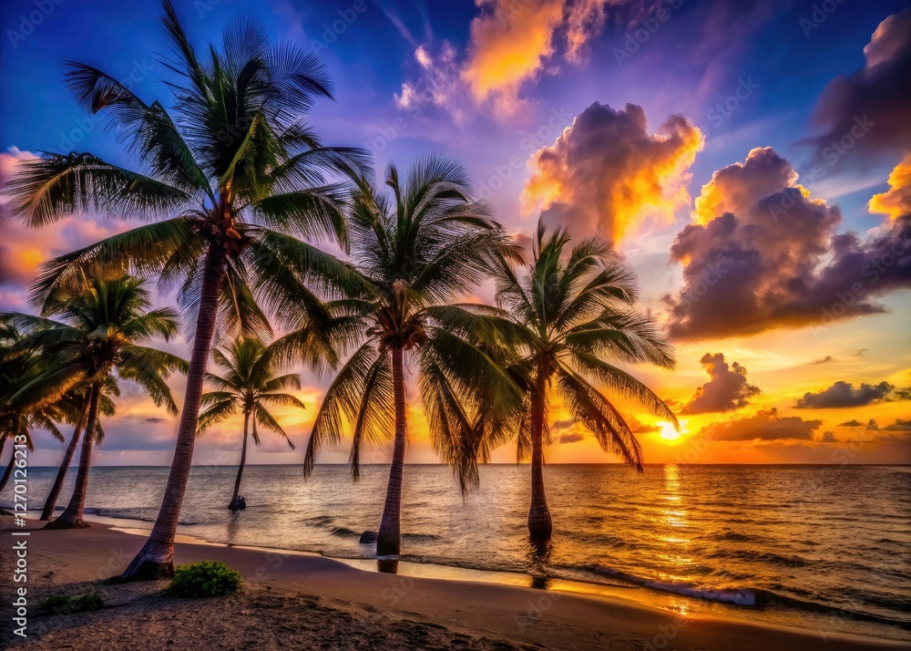Silhouetted palms against a fiery Belize sunset; the Caribbean Sea's calm waters reflect a tropical paradise. Silhouetted palms against a fiery Belize sunset; the Caribbean Sea's calm waters reflect a tropical paradise.