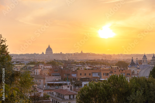 Panoramic view of Rome at sunset from the Pincio Terrace (Terrazza del Pincio). Capitol city of Italy photo