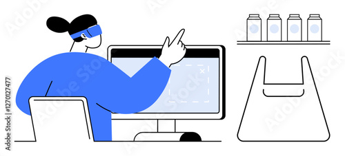 Person using a computer, interacting with a virtual reality interface, purchasing groceries. Ideal for e-commerce, virtual reality, shopping, technology, convenience, user experience grocery stores