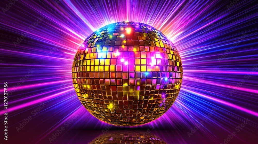 Fototapeta premium Vibrant disco ball with colorful light rays on reflective surface