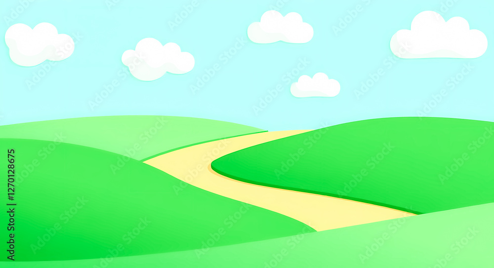 Fototapeta premium winding yellow path meanders through cheerful green under a bright blue sky.