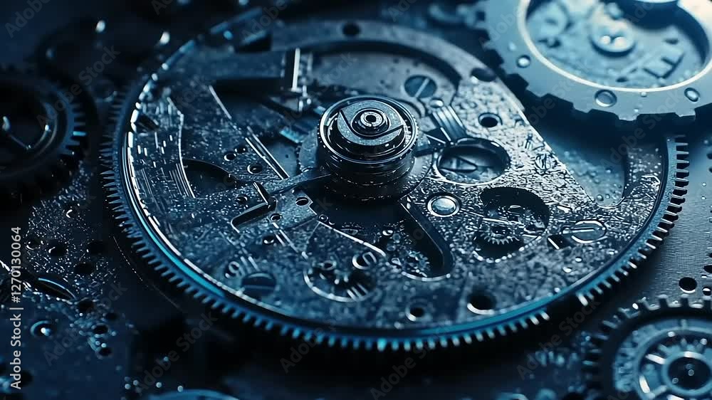 Close-up view of intricate mechanical clockwork gears with a blue hue, highlighting precision engineering