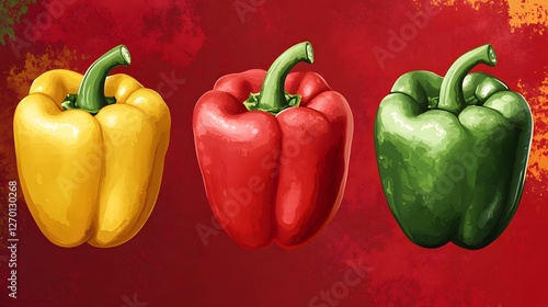 Image of Three Bell Peppers: Yellow, Red, and Green photo