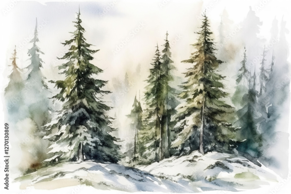 Fototapeta premium Watercolor landscape coniferous forest and morning mist., watercolor painting , Generative AI