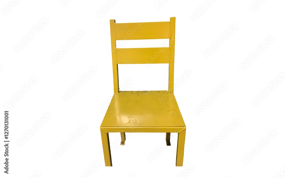 A bright old and dirty yellow metal chair isolated against white background A bright old and dirty yellow metal chair isolated against white background