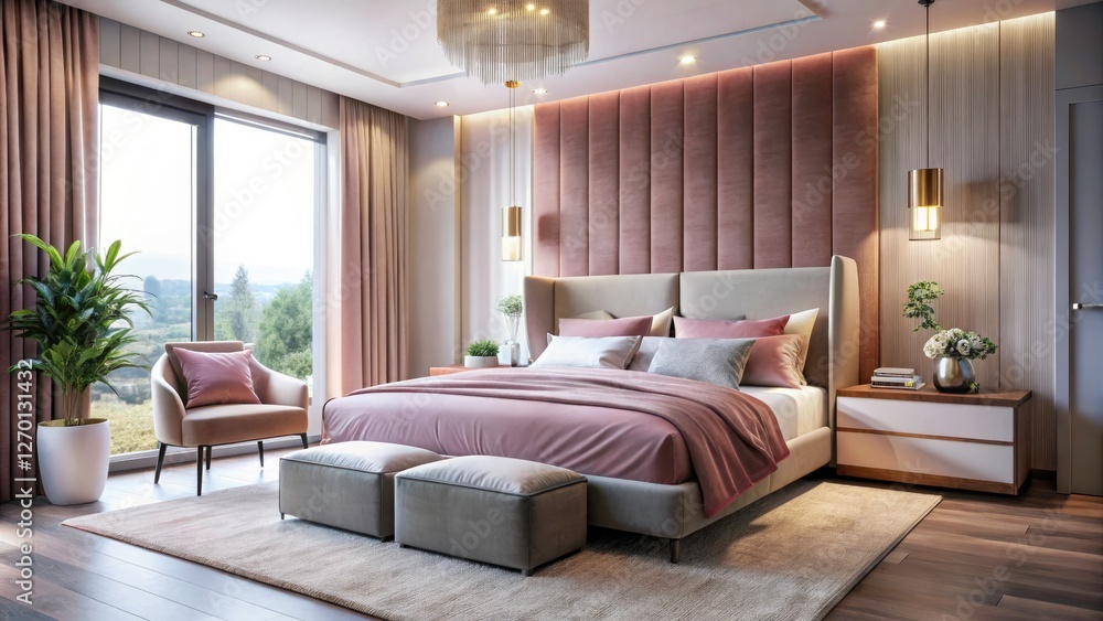 Sleek pink bedroom: modern design meets soft textures for ultimate luxury. Sleek pink bedroom: modern design meets soft textures for ultimate luxury.