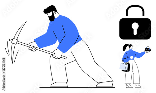 Character mining with a pickaxe, woman holding shopping bags and a lock symbol. Ideal for concepts thumbs up hard work, security, digital mining, e-commerce, personal safety, cryptocurrency