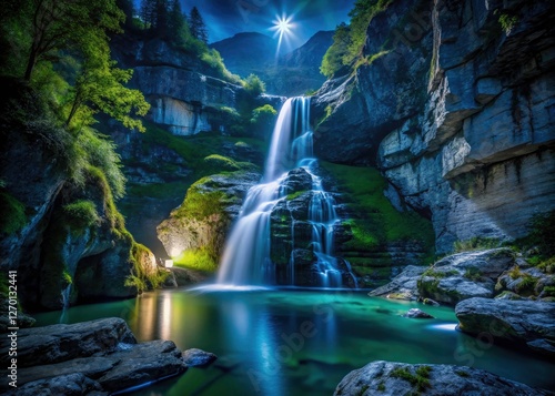 Slovenia's Savica Waterfall: a dark, majestic night photography masterpiece. Low light, dramatic beauty. photo