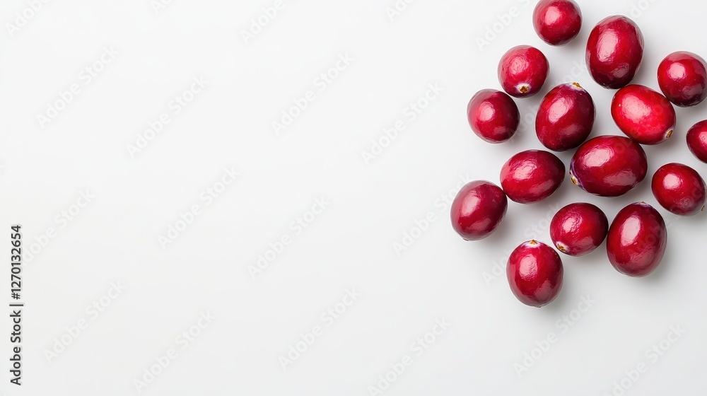 Shiny dark red cranberries scattered in a small pile, isolated on white background Shiny dark red cranberries scattered in a small pile, isolated on white background
