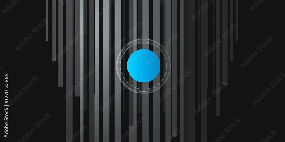 Obraz premium Blue button on black background with gray vertical stripes and white circles