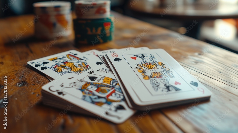 Fototapeta premium Close-up of playing cards and poker chips on a wooden table