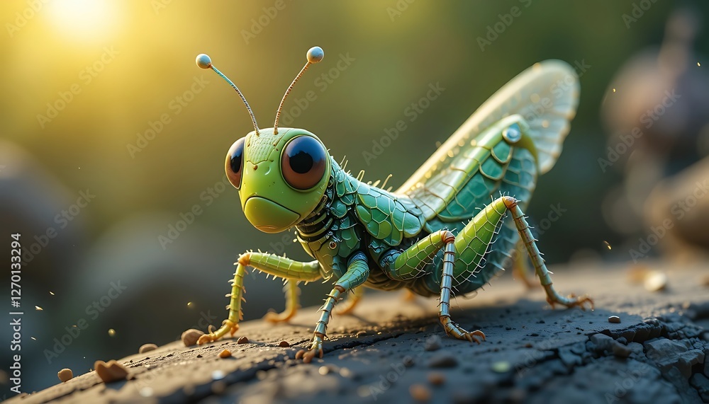 Close-Up of a Vibrant Green Grasshopper on a Natural Forest Background. generative AI Close-Up of a Vibrant Green Grasshopper on a Natural Forest Background. generative AI
