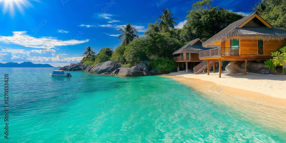 Fototapeta premium Tropical bungalow overlooking pristine turquoise waters and sandy beach
