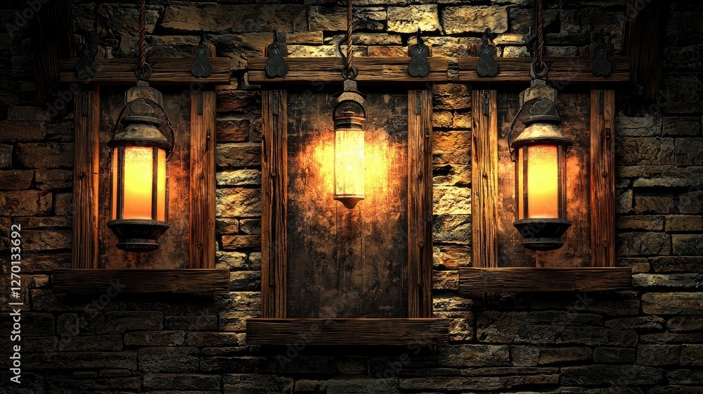 Rustic lanterns illuminate a stone wall, creating a warm ambiance in a cozy setting Rustic lanterns illuminate a stone wall, creating a warm ambiance in a cozy setting