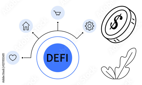 Blue circle labeled DEFI connects to smaller icons heart, home, shopping cart, gear. Coin with dollar sign in background. Ideal for finance, technology, investment, decentralization digital