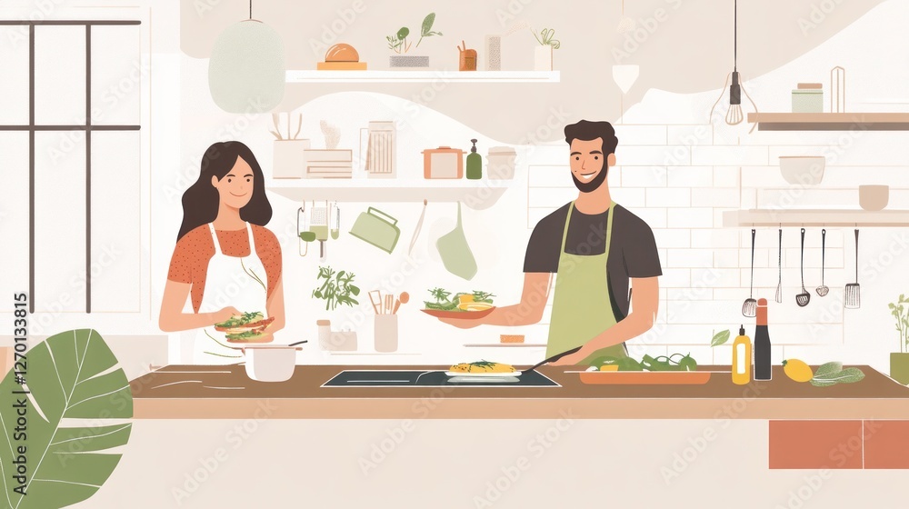 Fototapeta premium Couple cooking healthy food together in a modern kitchen illustration