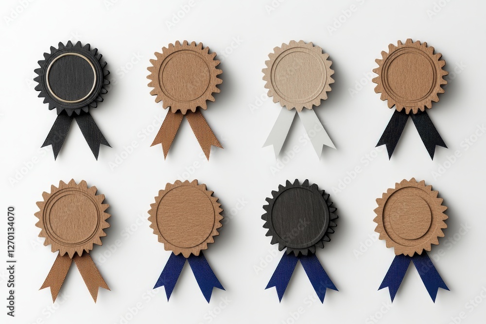 Premium quality guarantee badges set with blue, black, brown and white ribbons Premium quality guarantee badges set with blue, black, brown and white ribbons