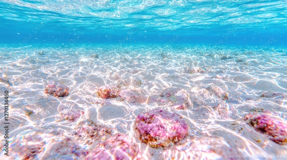 Fototapeta premium Underwater sandy seabed, sunlit shallows, tropical ocean, tranquil scene, travel brochure
