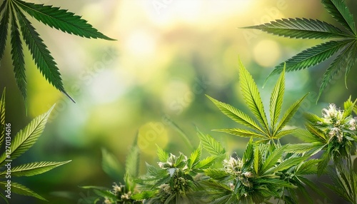 Lush cannabis plants with vibrant green leaves and white flowers bloom in soft, bokeh-filled light
