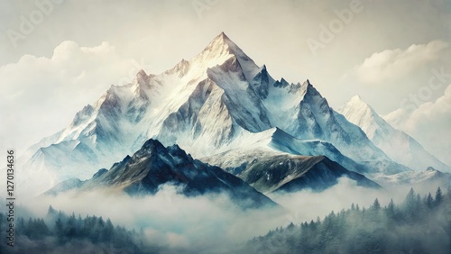 Snow-capped White Mountain peaks, a minimalist double exposure, serene.