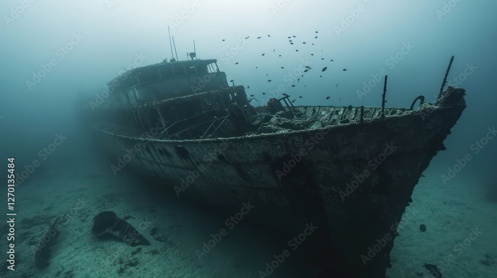 Fototapeta premium A US Liberty ship sunk in 1945 by a German U-boat, now lying at 22 meters depth off the coast of England. The wreck is a popular dive site, with its cargo of military vehicles still visible. 