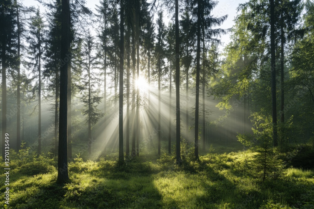 Golden sunlight shining through trees in misty forest Golden sunlight shining through trees in misty forest