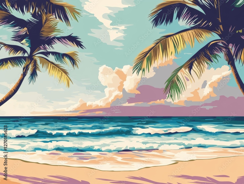 Fototapeta premium Papecutr art of tropical beach with waves and palm trees. - ai