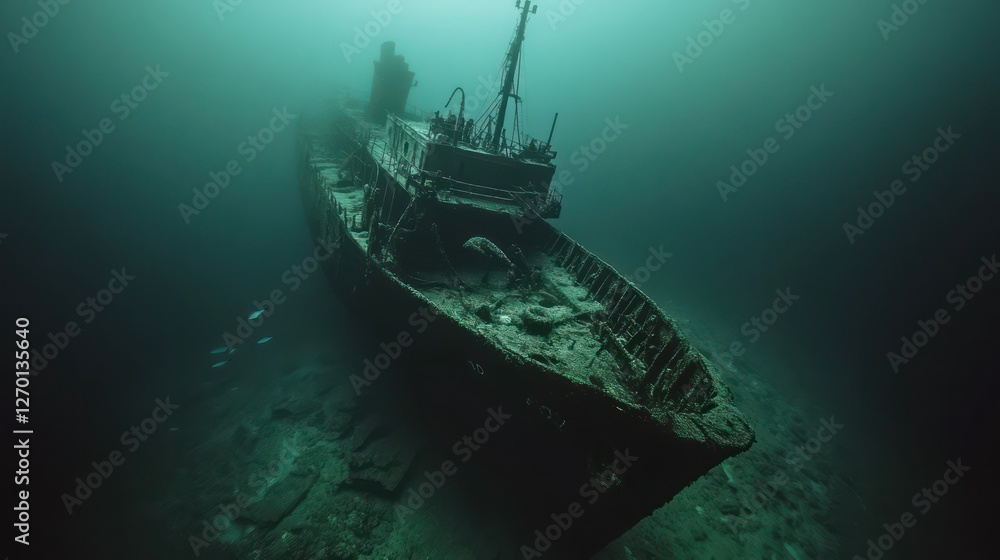 A cargo ship sunk in 1983 during a storm, now lying at 50 meters depth off the coast of Virginia. The wreck is broken into several sections, with its cargo of coal still visible. Schools of cod A cargo ship sunk in 1983 during a storm, now lying at 50 meters depth off the coast of Virginia. The wreck is broken into several sections, with its cargo of coal still visible. Schools of cod