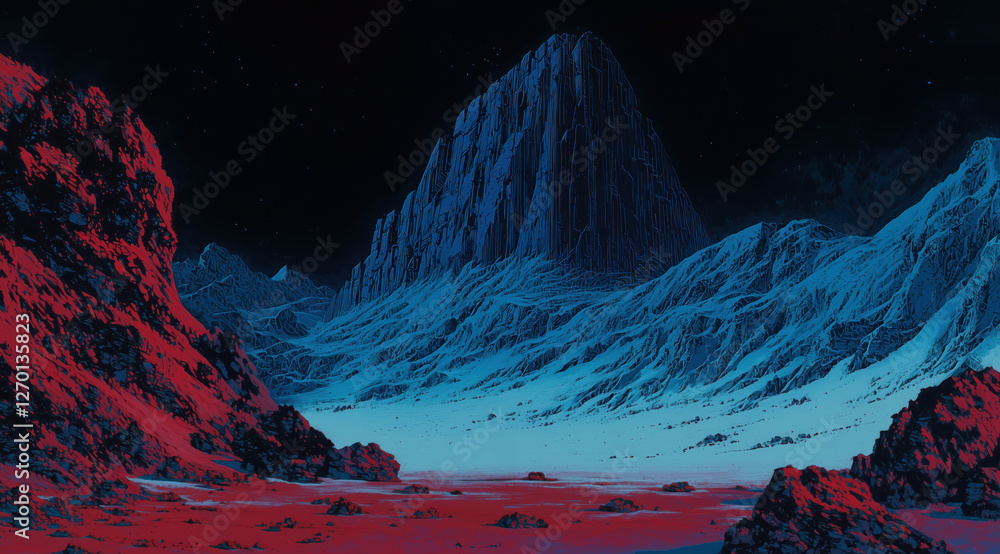 lone figure walks on a red path toward a towering mountain. dark blue landscape with snow.
