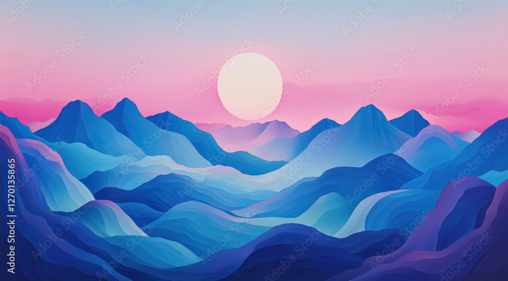 colorful mountain landscape with a large sun. soft gradients of blue and pink.