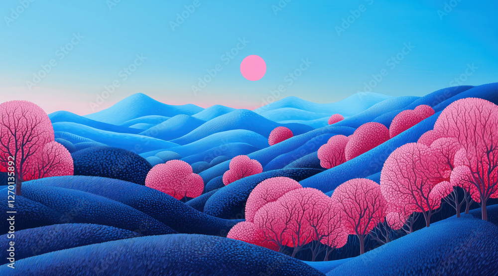 colorful mountain landscape with a large sun. soft gradients of blue and pink.