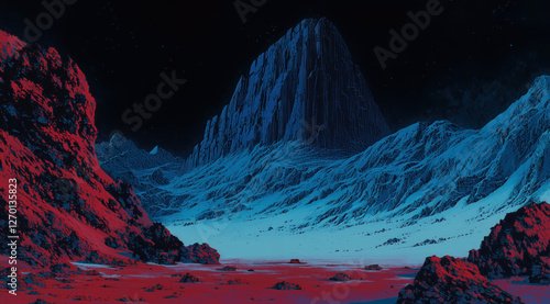 Obraz na płótnie lone figure walks on a red path toward a towering mountain. dark blue landscape with snow. w salonie